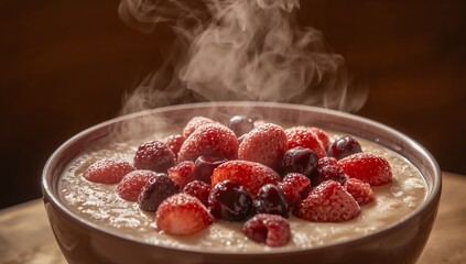 Steaming Dessert. A Bowl of Light Creaminess Topped with Assorted Summer Berries.