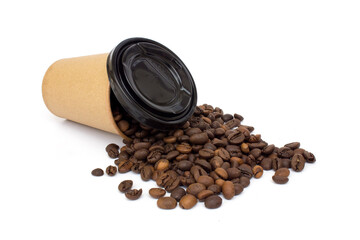 A paper coffee cup and coffee beans, isolated on white background.