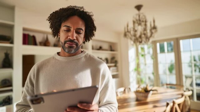 Mature man with curly hair standing in his bright and elegant living room, intently focused on browsing and typing on a modern digital tablet, enjoying a moment of leisure at home