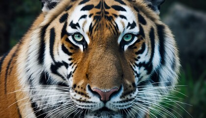 Fototapeta premium Close-up photograph of a tiger's face with piercing green eyes.