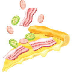 A slice of pizza with falling ingredients including bacon jalapenos and pepperoni on a white background in a studio shot