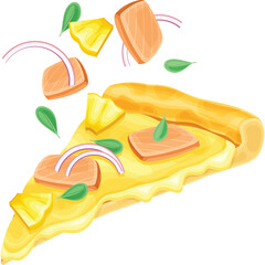 Naklejka premium A Slice Of Pizza With Salmon Pineapple And Red Onion Ingredients Flying Around In A Dynamic Splash Motion Against A Transparent Background