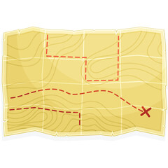 Antique treasure map with red dashed lines and a red cross marking a destination on a textured parchment paper background with a transparent overlay