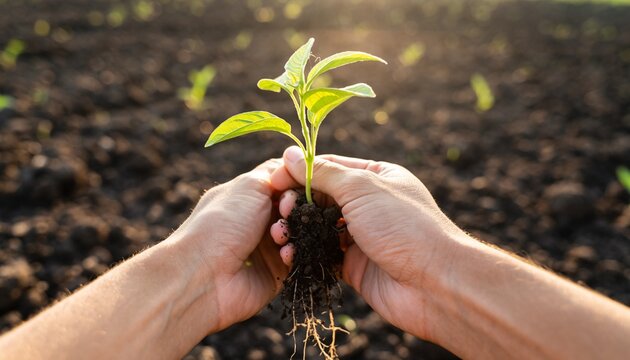 Hands holding small plant with visible roots and soil in sunlight
