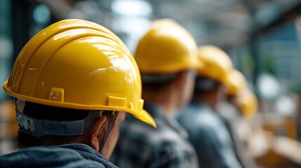 Construction Workers Wearing Hard Hats Standing in a Row at Factory