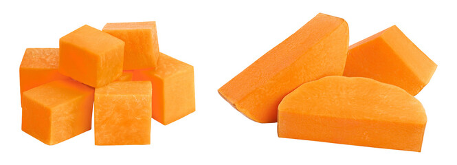 butternut squash diced isolated on white background with full depth of field
