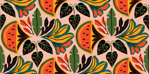 Vector pattern featuring watermelon slices and jungle leaves in bold orange, green and black. Ideal for textile, wall art and summer-themed packaging © TWINS DESIGN STUDIO