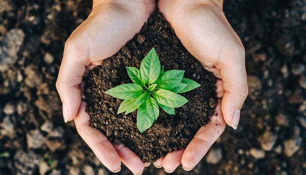 Human hands holding a young plant in soil. Close up view. - Powered by Adobe