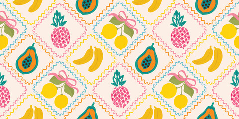 Cute tropical fruit pattern with pineapples, bananas and pink background in a diamond grid layout. Perfect for kids wallpaper and clothing prints