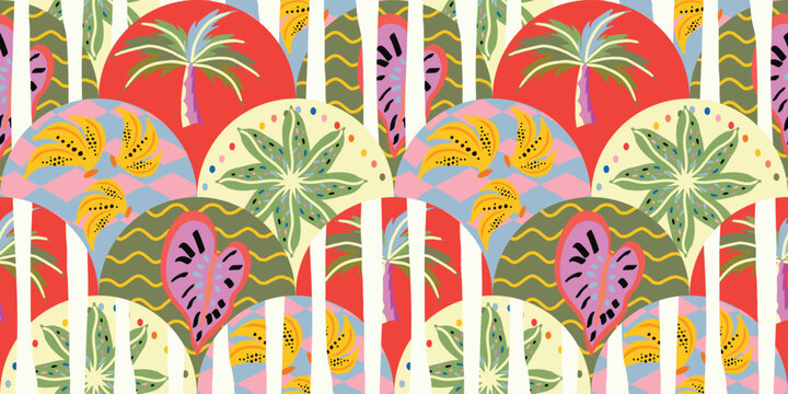Abstract tropical pattern with palm trees and round fruits in vertical stripe layout using olive, pink and cream tones. Perfect for fabric and decor