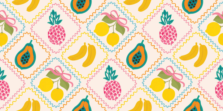 Cute tropical fruit pattern with pineapples, bananas and pink background in a diamond grid layout. Perfect for kids wallpaper and clothing prints