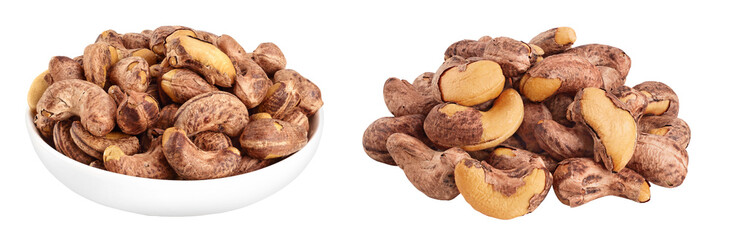cashew nut with shell in ceramic bowl isolated on white background
