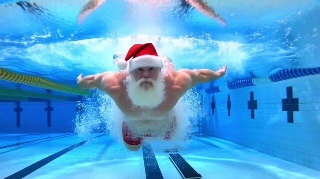 Underwater view of Santa Claus diving into the pool. Explosive Christmas sports start for competition and speed themes.