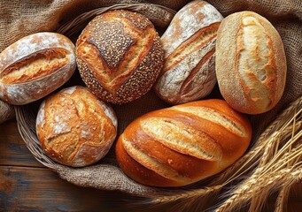 Assortment of freshly baked rustic bread loaves arranged in a basket with burlap and wheat stalks, showcasing a variety of crust textures and golden brown colors