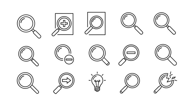 Magnifying glass line icon bundle featuring minimalistic linear pictograms for web and graphic design, apps, banners, social networks, and cards, including zoom in, zoom out, search, and idea