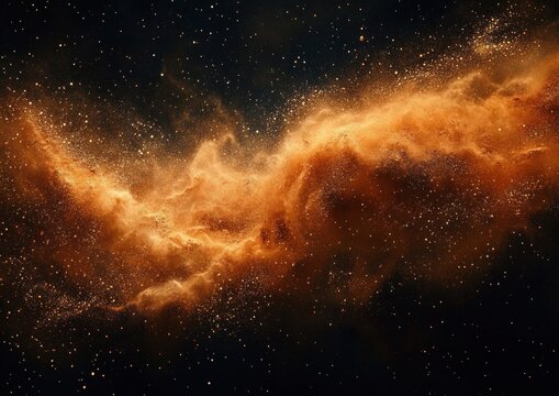 Dark space with swirling golden dust cloud and scattered glowing particles creating a cosmic nebula effect
