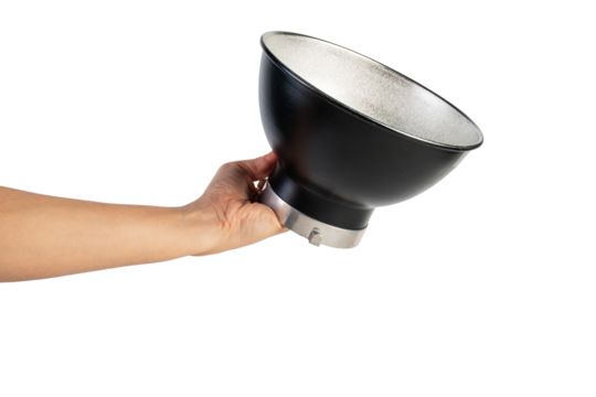 Reflector Bowl Light Modifier and hand for Studio flash light reflector isolated on transparent. Professional photographer's equipment 