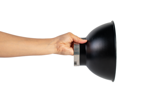 Reflector Bowl Light Modifier and hand for Studio flash light reflector isolated on transparent. Professional photographer's equipment 
