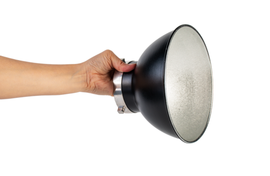 Reflector Bowl Light Modifier and hand for Studio flash light reflector isolated on transparent. Professional photographer's equipment 