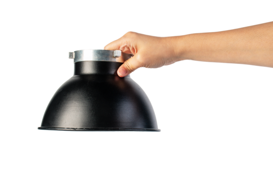 Reflector Bowl Light Modifier and hand for Studio flash light reflector isolated on transparent. Professional photographer's equipment 