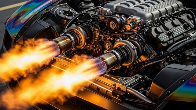 Experience raw power with a modified engine spitting flames, showcasing engineering and performance, perfect for automotive enthusiasts and adrenaline seekers