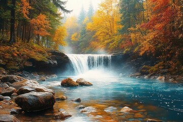 Serene autumn forest waterfall flowing into a clear rocky river surrounded by colorful fall foliage and misty atmosphere