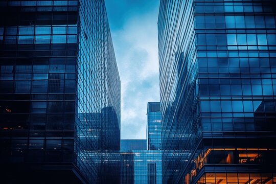 Modern office buildings with reflective glass facades towering against a moody blue sky during twilight