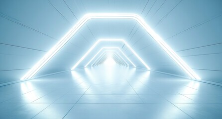 futuristic glowing white neon light tunnel with geometric shapes and smooth reflective floor creating an infinite perspective