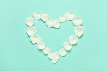 Heart made of beautiful white rose petals on turquoise background
