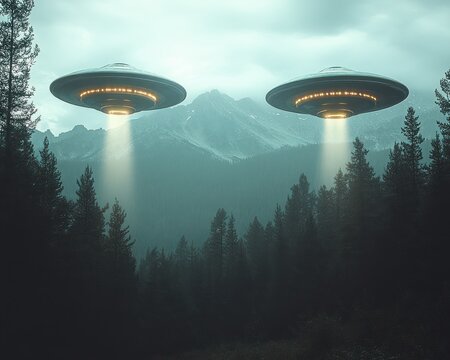 Two glowing flying saucers emitting beams of light hover over a dense forest with mountain peaks in the misty background, creating an eerie and mysterious atmosphere