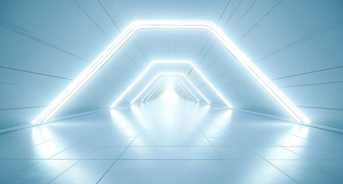 futuristic glowing white neon light tunnel with geometric shapes and smooth reflective floor creating an infinite perspective - Powered by Adobe