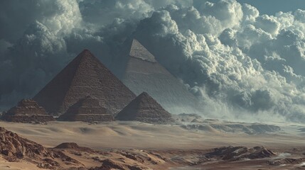 Dramatic Pyramids of Giza in Sandstorm under Dark, Stormy Clouds. Cinematic Egyptian Desert Landscape.