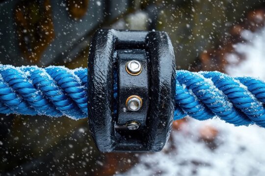 Close-up of a thick blue twisted rope secured within a black metal cleat with bolts, dusted with small snowflakes in a cold outdoor environment
