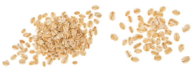 Oat flakes heap in isolated on white background with full depth of field. Top view. Flat lay