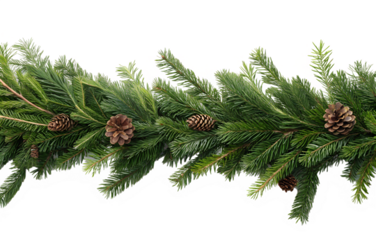 Natural fir branch garland isolated on white background. Evergreen border perfect for winter and Christmas designs.