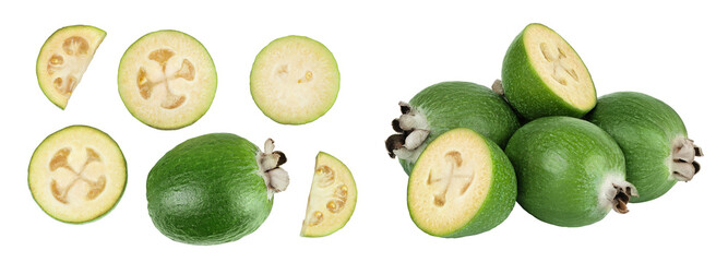 Feijoa fruit isolated on white background. Top view. Flat lay