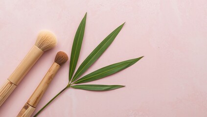 Still Life. Brushes, Leaf, and Texture in Soft Light, Pink Background.