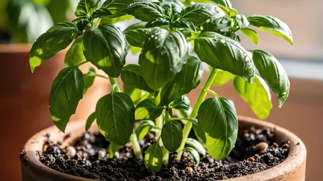 Healthy green basil plant growing indoors in a terracotta pot with rich soil.