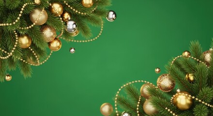 Christmas ornaments and pine branches on green background. Festive season decoration.