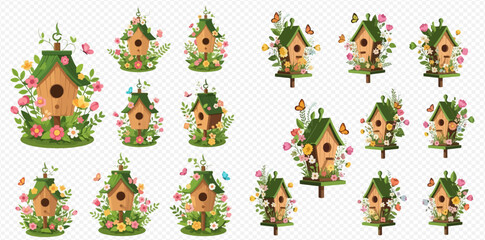 Collection of charming spring birdhouses adorned with colorful flowers and butterflies, set in lush green foliage, perfect for nature-themed designs.