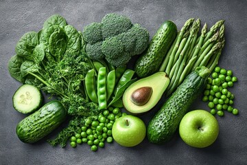 Fresh assortment of green vegetables and fruits including spinach, broccoli, peas, snap peas, avocado, cucumbers, asparagus, parsley, and green apples on a dark textured surface