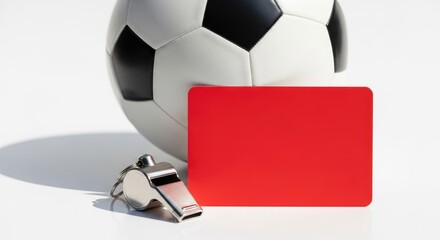 Essential Football Referee Tools - Whistle and Red Card Placed Next to a Soccer Ball on a Crisp White Background, Symbolizing Game Rules and Authority