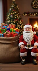 Santa claus sitting near a bag full of gifts, with a christmas tree behind him.