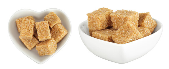 brown sugar in a ceramic bowl isolated on white background. Top view. Flat lay