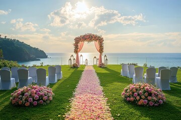 Outdoor wedding setup overlooking the ocean with a floral arch, white chairs, rose petal aisle, and flower arrangements under a bright sky with fluffy clouds