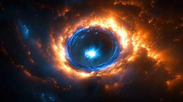 Bright glowing blue star surrounded by spiraling fiery orange and blue cosmic clouds creating a dramatic space vortex - Powered by Adobe
