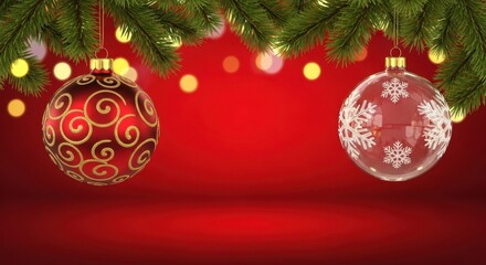 Christmas ornaments with fir tree branches on red background with bokeh lights effect.