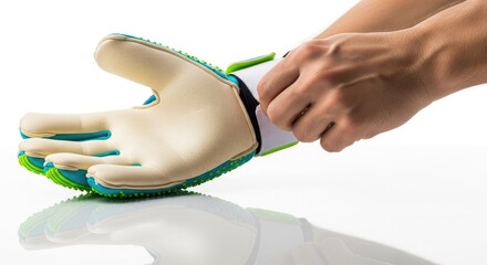 Athlete Adjusting Bright Green and Beige Goalkeeper Glove on White Background with Reflection Highlighting Essential Soccer Protective Gear