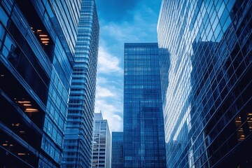 Modern high-rise glass office buildings reflecting the blue sky and neighboring structures in an urban cityscape with a calm atmosphere