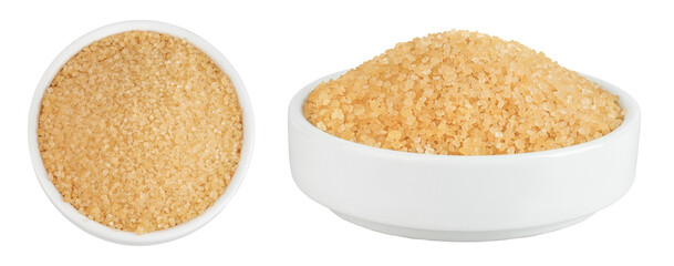 The brown sugar in ceramic bowl isolated on white background. Top view. Flat lay